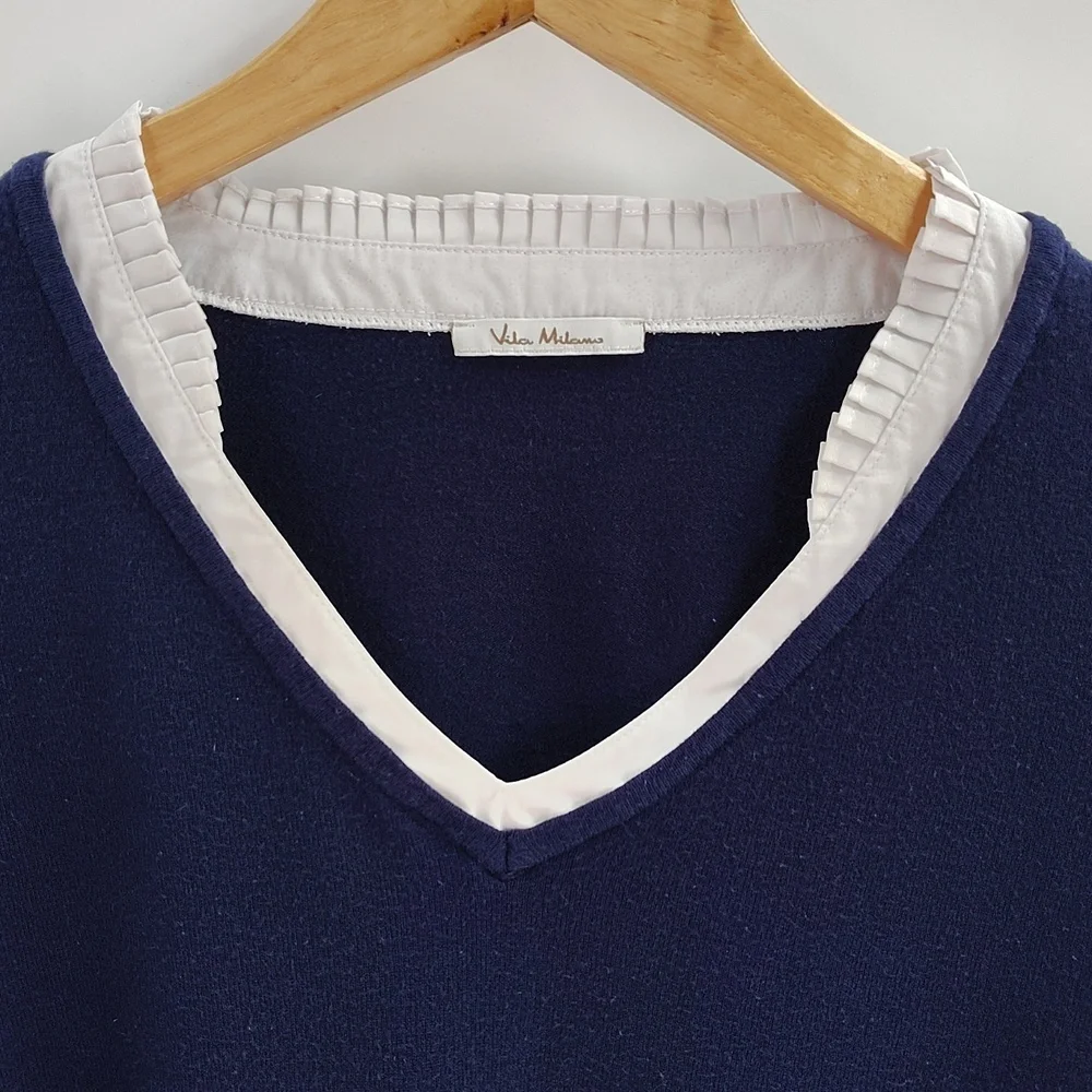 Vila Milano Knit Top Size Large XL Ruffle Neck Cuff Detail Quiet Luxury - Picture 3 of 6